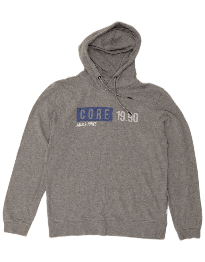 Męski sweter z kapturem Jack & Jones z grafiką, średnioszary, bawełniany w cętki