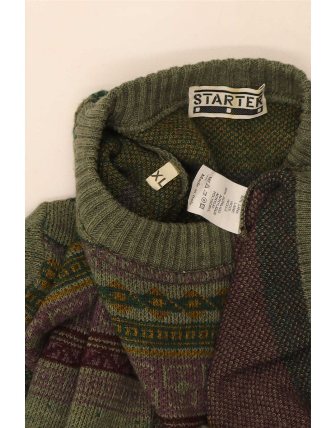 Starter Męski sweter z okrągłym dekoltem XL, zielona, geometryczna wełna