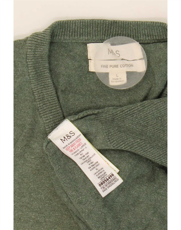 Marks & Spencer Męski sweter z dekoltem w kształcie litery V, duży, zielony, bawełniany