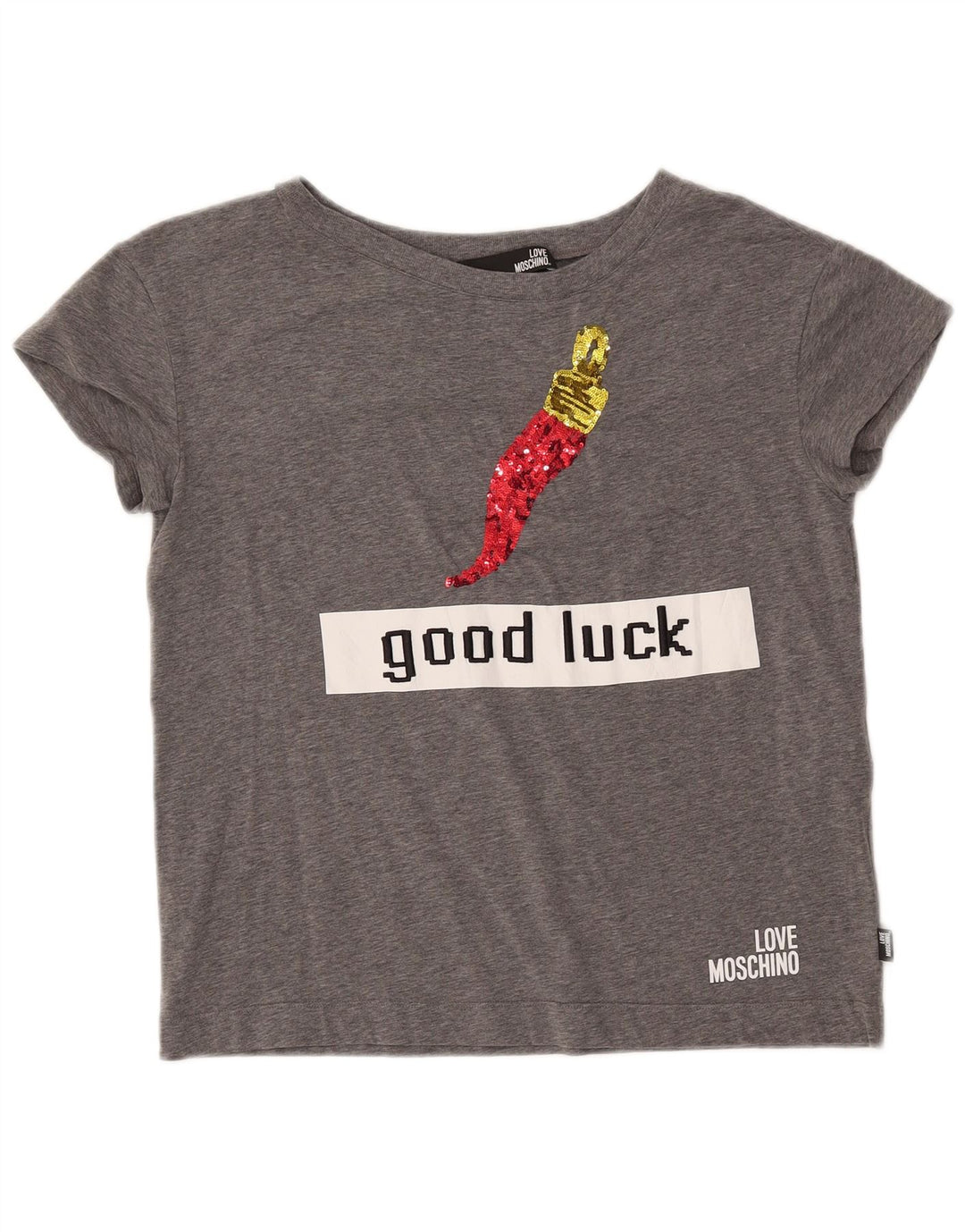 Damska koszulka z grafiką MOSCHINO Top IT 42 Średnioszara bawełna z plamkami