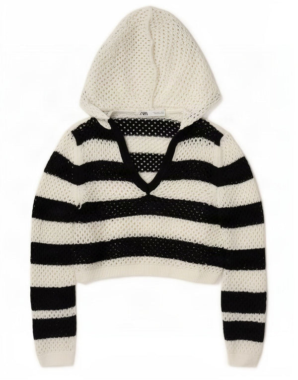 Damski sweter Zara Crochet z kapturem i szydełkiem UK 14, średnie czarne paski