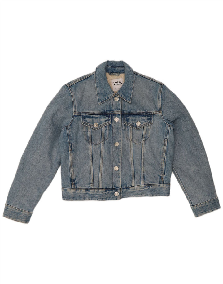Damska kurtka dżinsowa ZARA Crop Sherpa UK 10, mała, niebieska, bawełniana
