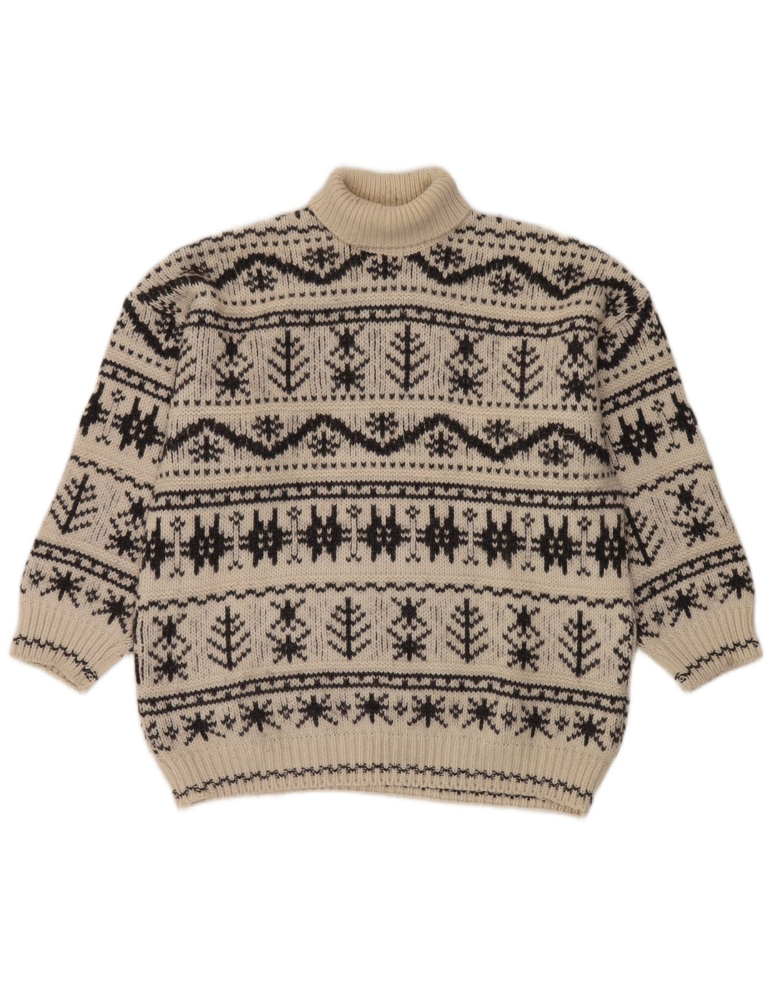 Vintage męski sweter z golfem, średni, złamany biały, akryl Fair Isle