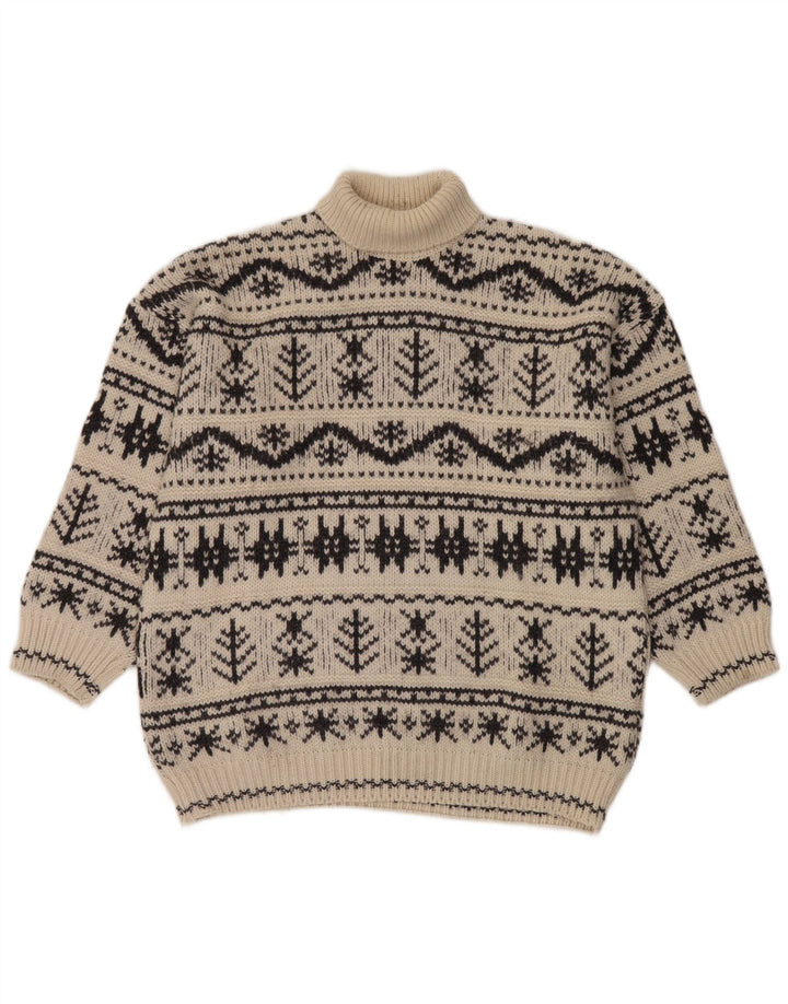 Vintage męski sweter z golfem, średni, złamany biały, akryl Fair Isle