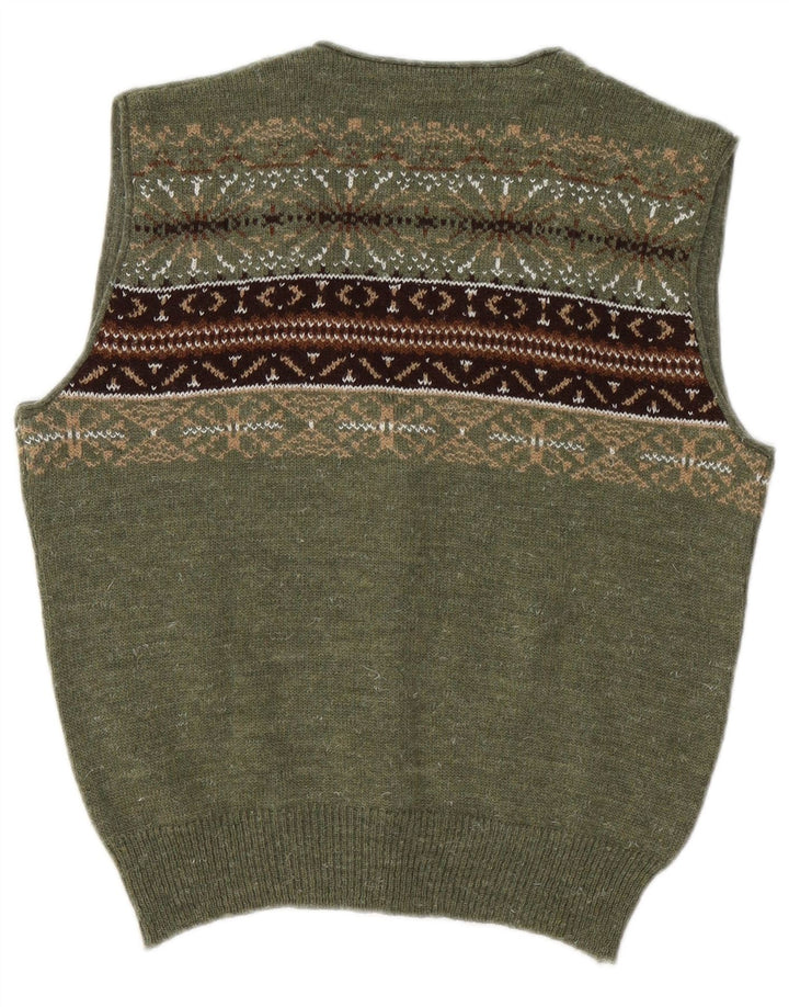 Damski sweter bez rękawów w stylu VINTAGE UK 14 Średni zielony Fair Isle