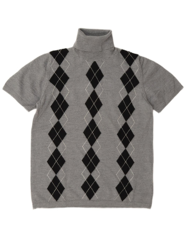 Sweter damski w stylu vintage z wywijanym dekoltem UK 14 Średni szary Argyle/Diament