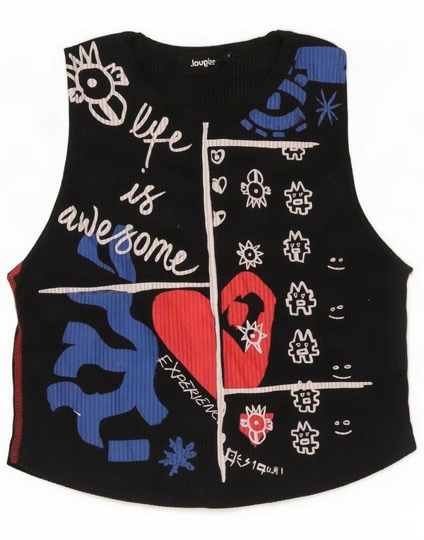 Desigual Damska kamizelka Crop Abstract Pattern Graphic Top UK 14 Duża Czarna