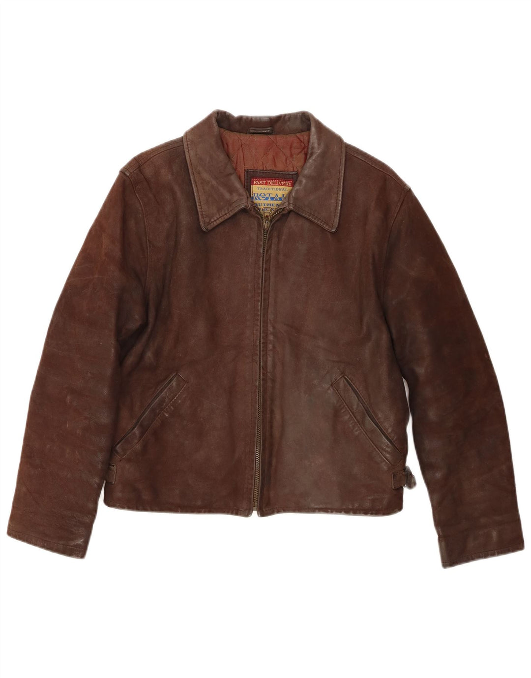 Vintage damska kurtka skórzana UK 14, średnia brązowa skóra