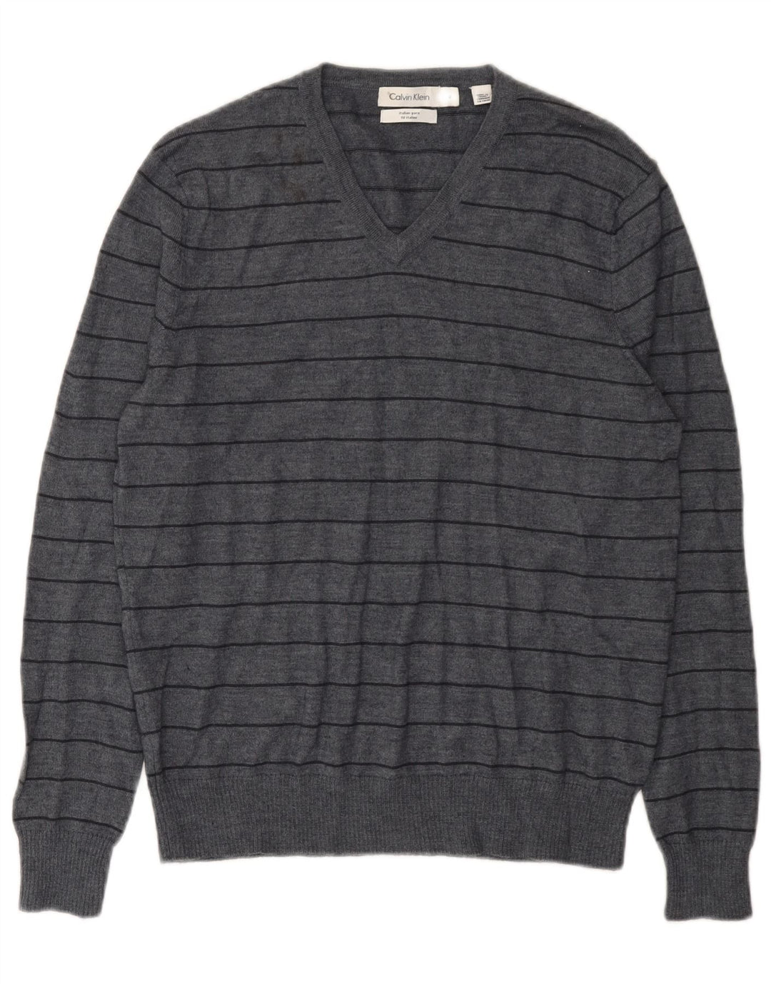 Męski sweter Calvin Klein z dekoltem w kształcie litery V, średnioszary, wełniany merynos w paski