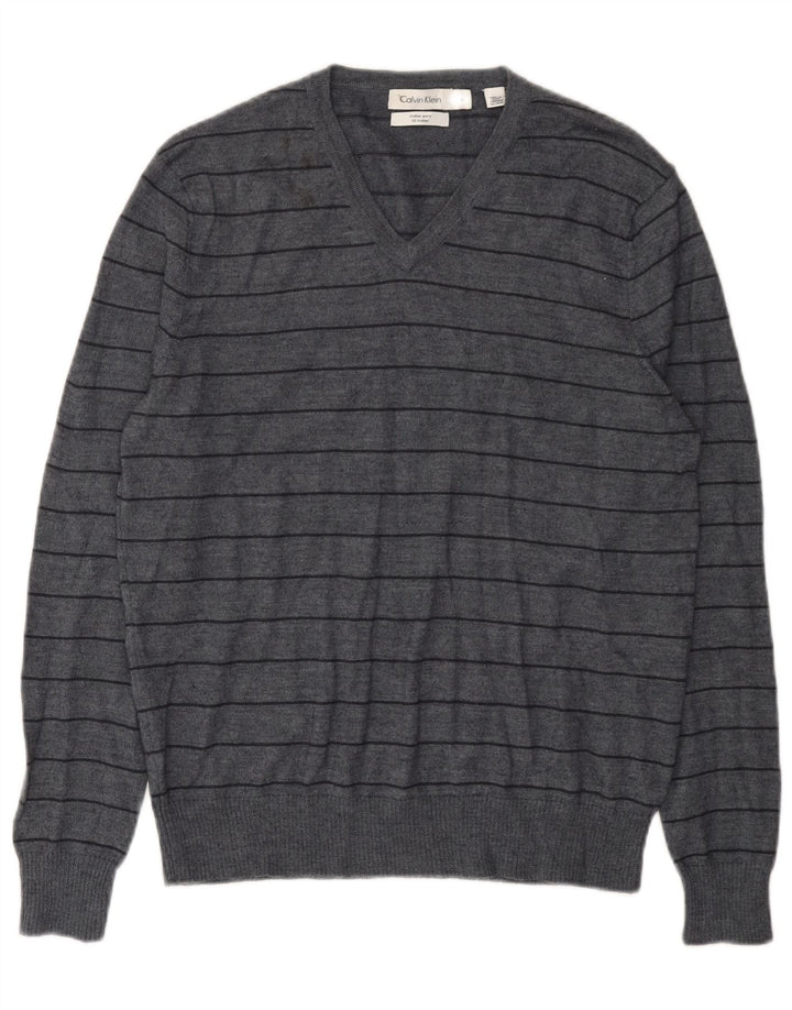 Męski sweter Calvin Klein z dekoltem w kształcie litery V, średnioszary, wełniany merynos w paski