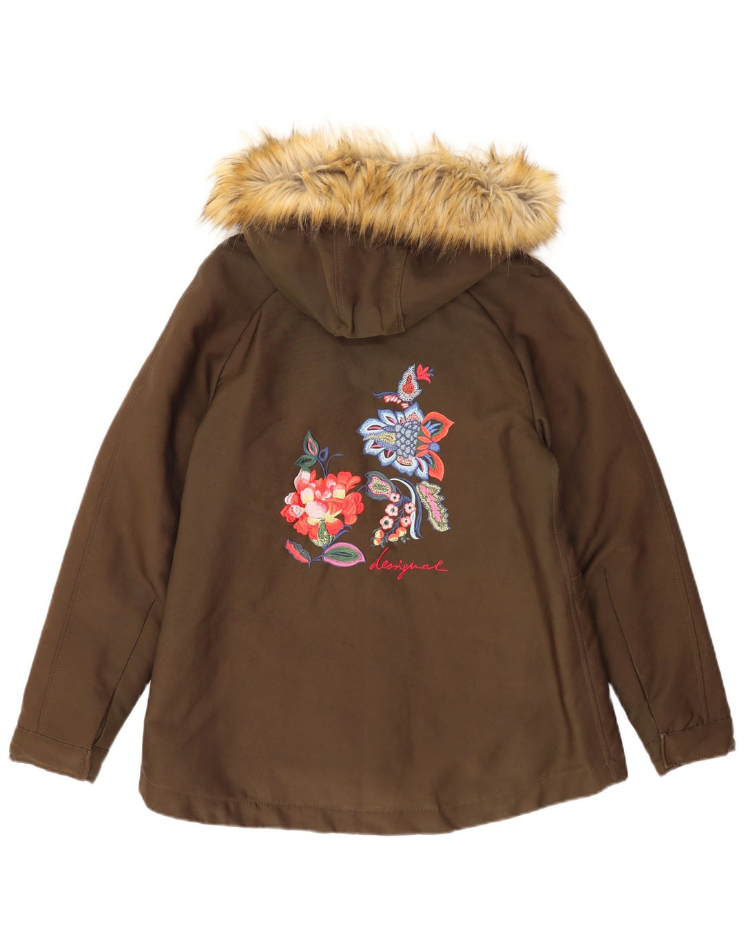 Damska kurtka parka z kapturem i grafiką Desigual EU 38, średnia bawełna khaki