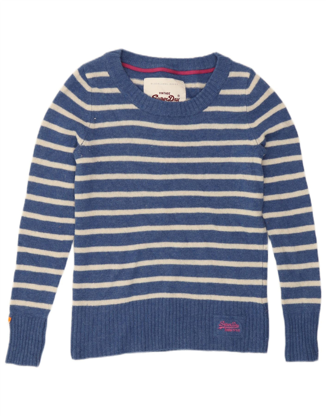 Damski sweter Superdry z dekoltem w łódkę, UK 12, średnie niebieskie paski