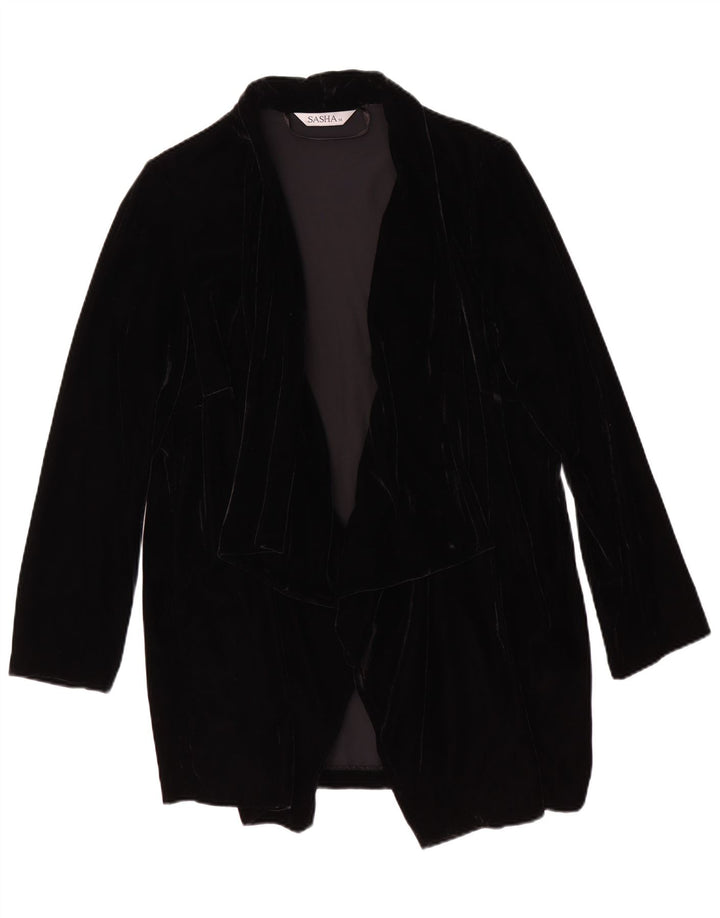 Sasha damska otwarta welurowa marynarka UK 14 duża czarna wiskoza