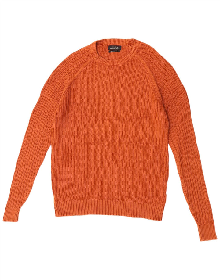 Męski sweter z okrągłym dekoltem Zara Średni brązowy bawełniany