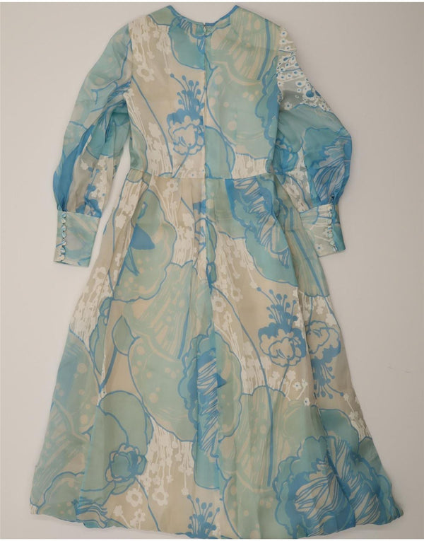 Damska sukienka maxi z długim rękawem w stylu vintage UK 12 Średni niebieski w kwiaty