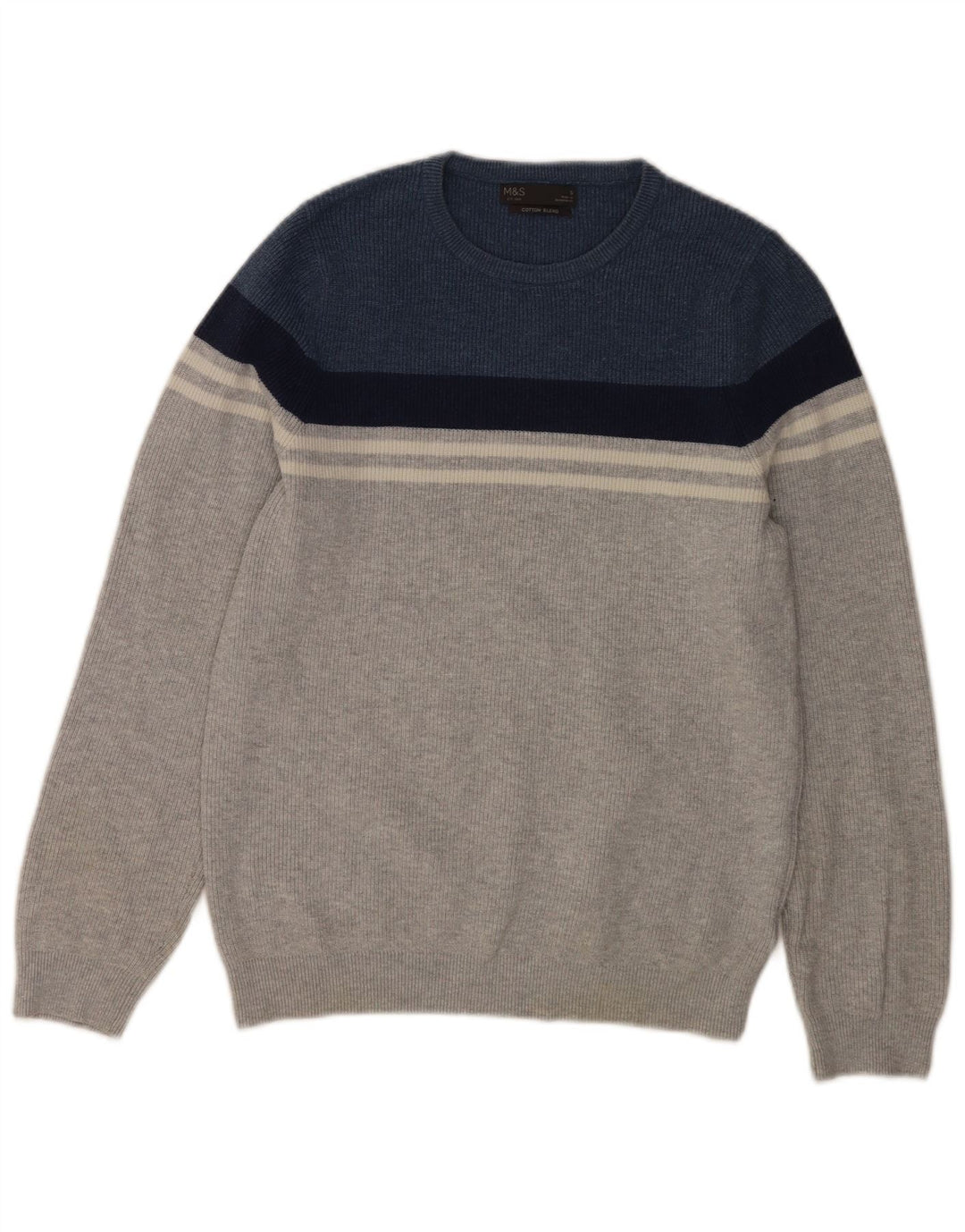 Marks & Spencer Męski sweter z okrągłym dekoltem, mały, szary, z blokami kolorów