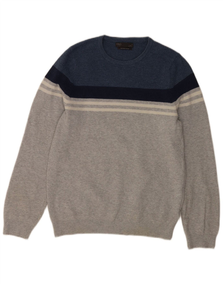Marks & Spencer Męski sweter z okrągłym dekoltem, mały, szary, z blokami kolorów