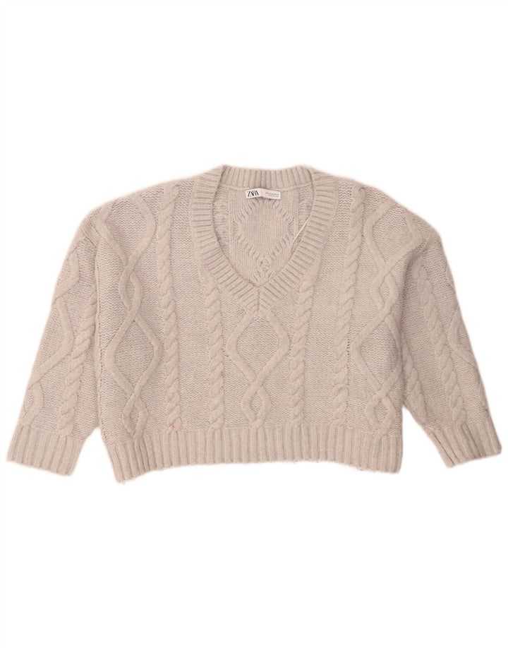 Damski sweter Zara Crop Oversize z dekoltem w kształcie litery V UK 14 Średni szary akryl