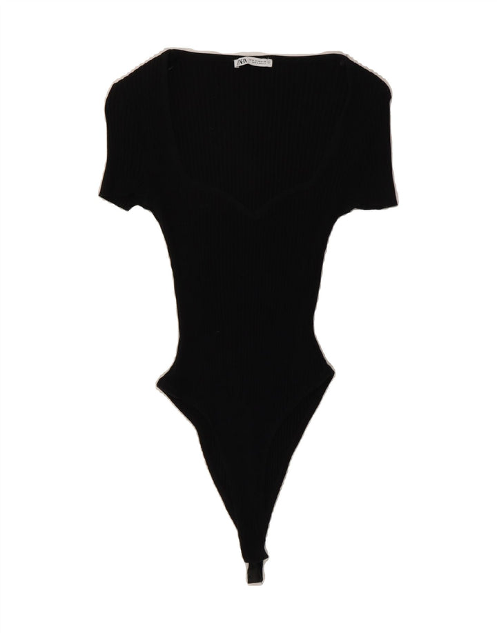 ZARA Womens Bodysuit UK 12 Medium Black Cotton Vintage Zara and Second-Hand Zara from Messina Hembry 