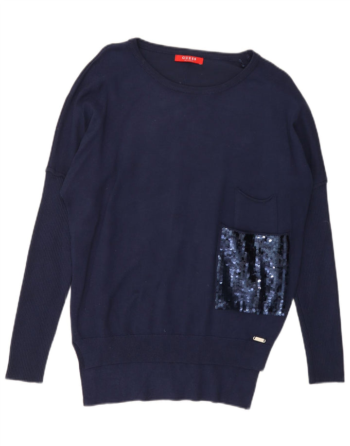 Damski sweter oversize GUESS z dekoltem w łódkę, UK 6, mały, granatowy