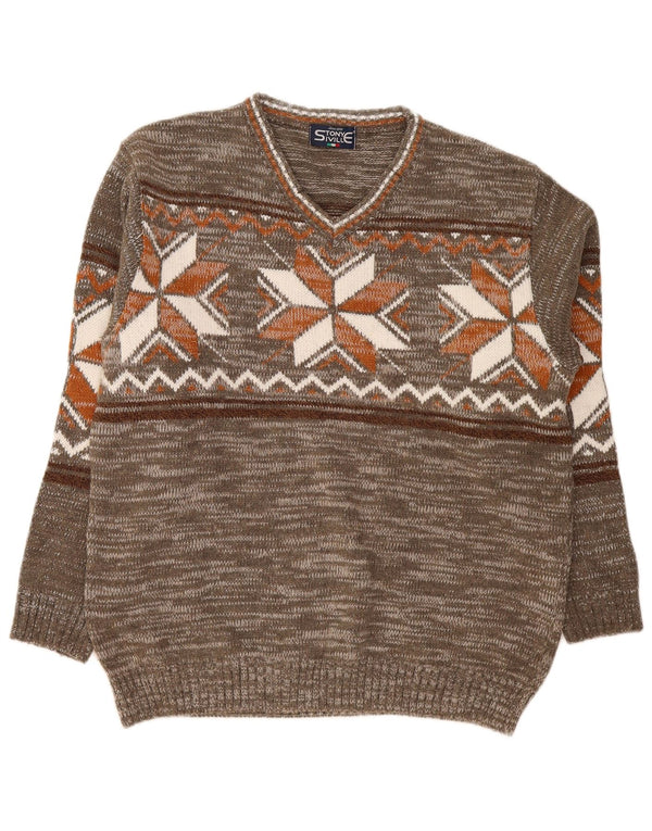 Vintage męski sweter z dekoltem w kształcie litery V, duży, khaki, Fair Isle, akryl