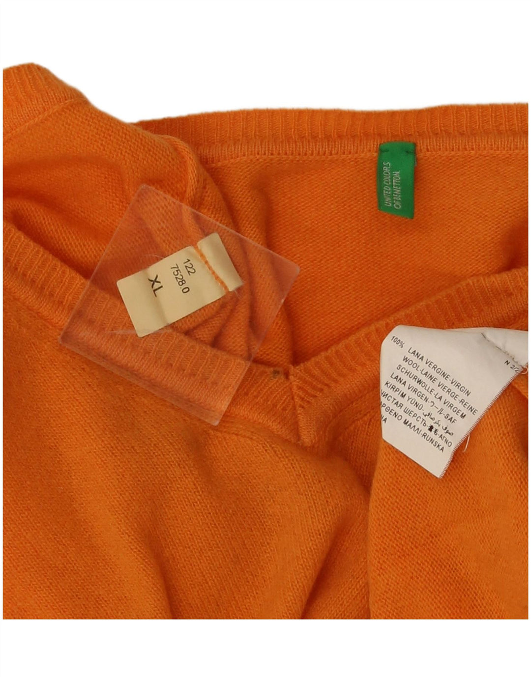 Męski sweter z dekoltem w serek Benetton XL, pomarańczowa, dziewicza wełna