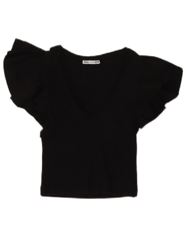 Zara Womens Crop Blouse Top UK 14 Large Black