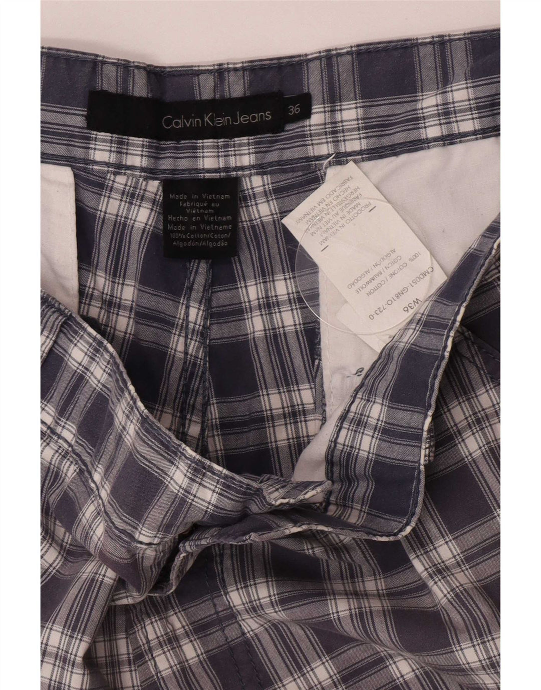 Męskie spodenki cargo Calvin Klein W36, duże, bawełniane w granatową kratkę