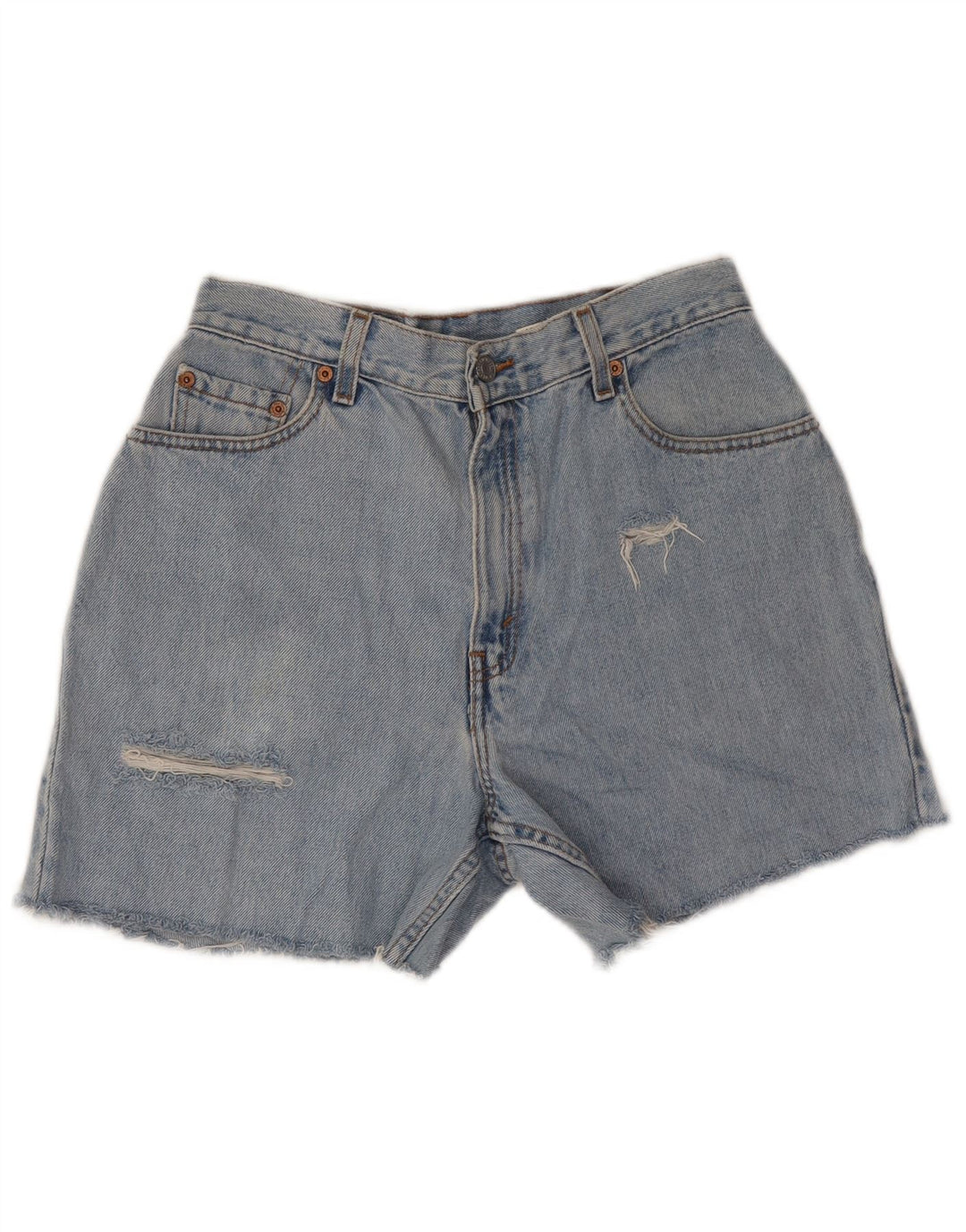 Damskie spodenki jeansowe LEVI'S 550 w trudnej sytuacji, o swobodnym kroju, średnie W28, niebieskie