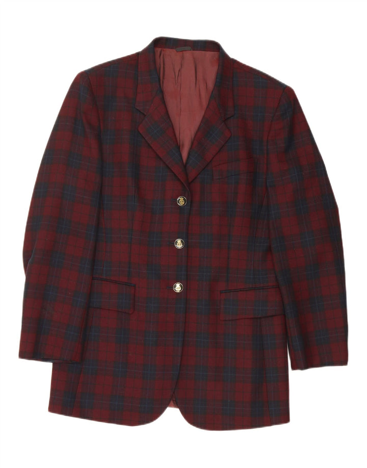 VINTAGE Womens 3 Button Blazer Jacket IT 46 Large Burgundy Check Acrylic