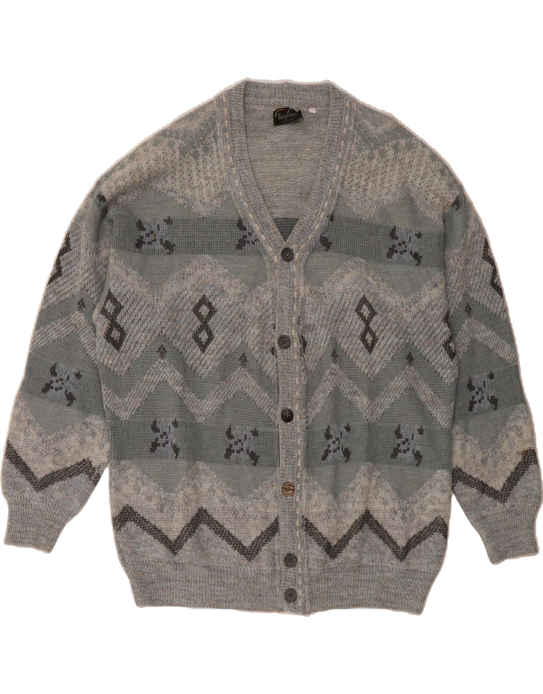 SUSPENSE Mens Loose Fit Cardigan Sweater IT 50 Medium Grey Argyle/Diamond Vintage Suspense and Second-Hand Suspense from Messina Hembry 
