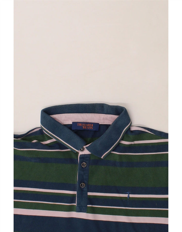 TRUSSARDI Mens Polo Shirt Medium Green Striped Vintage Trussardi and Second-Hand Trussardi from Messina Hembry 