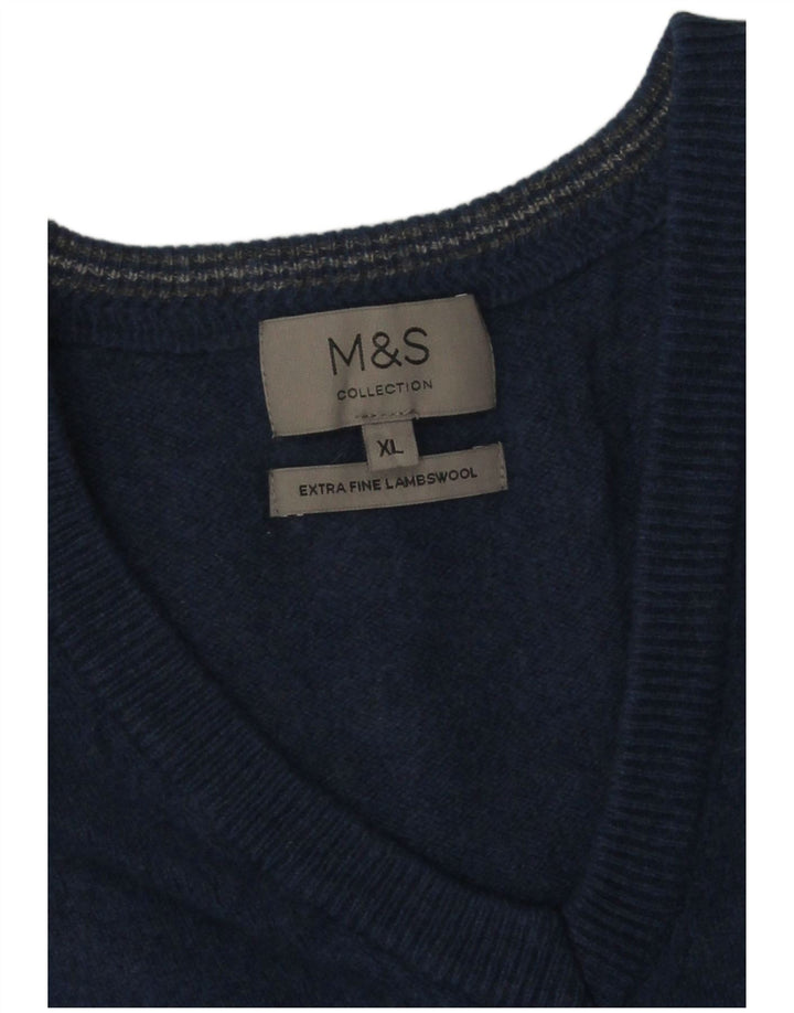 Marks & Spencer Męski sweter z dekoltem w kształcie litery V, XL, niebieska wełniana