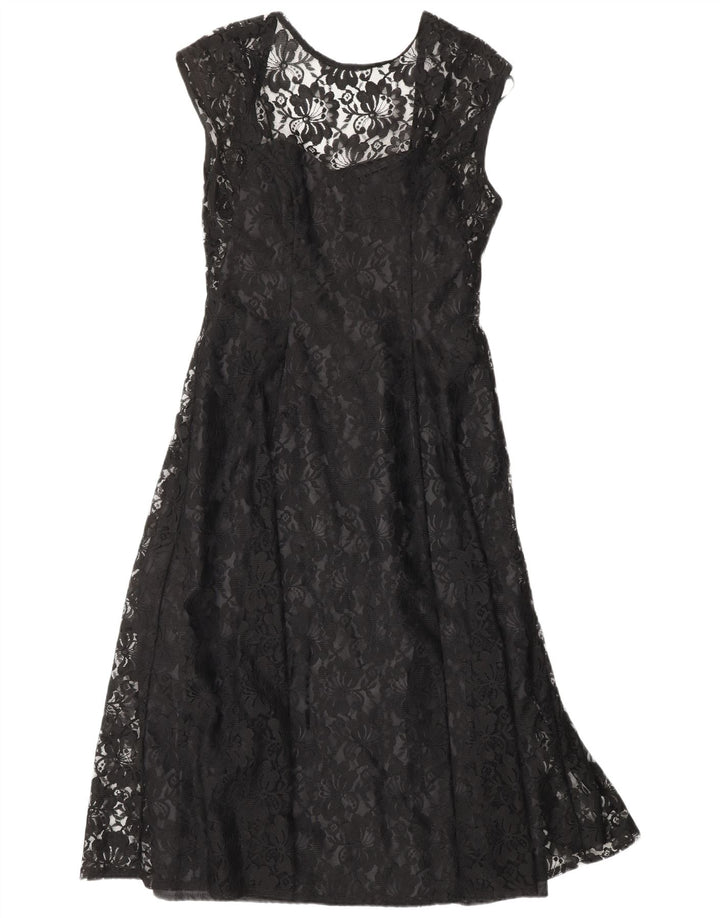 KLASYCZNA damska sukienka o linii A UK 12 Średni czarny kwiatowy nylon