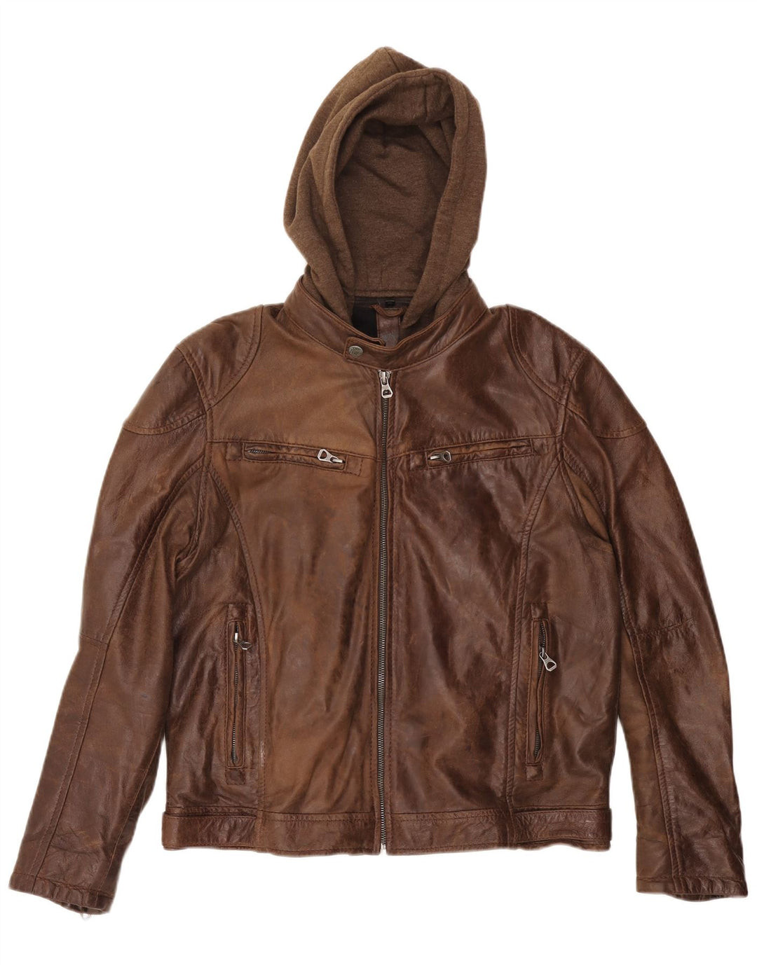 GIPSY Damska skórzana kurtka oversize z kapturem UK 20 2XL Brązowa skóra