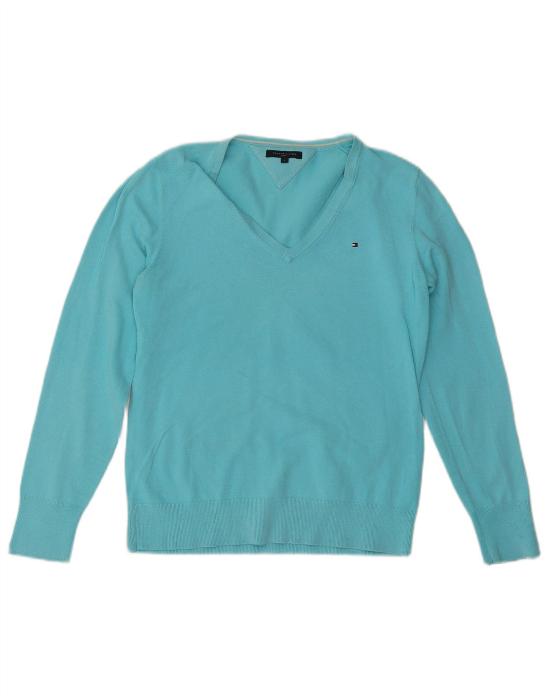 Damski sweter TOMMY HILFIGER z dekoltem w kształcie litery V, UK 14, duży, niebieski, bawełniany