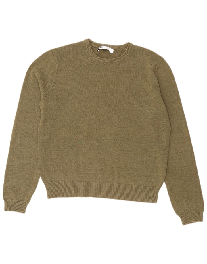 Damski sweter Zara z okrągłym dekoltem, UK 14, średnia bawełna khaki