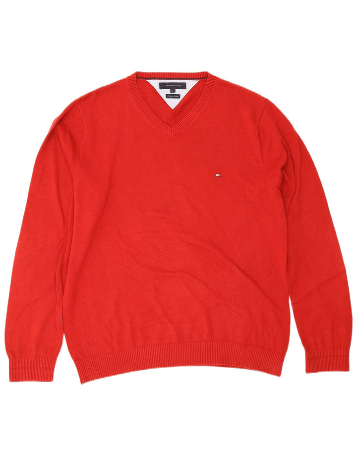 Męski sweter Tommy Hilfiger z dekoltem w kształcie litery V, duży, czerwony, bawełniany
