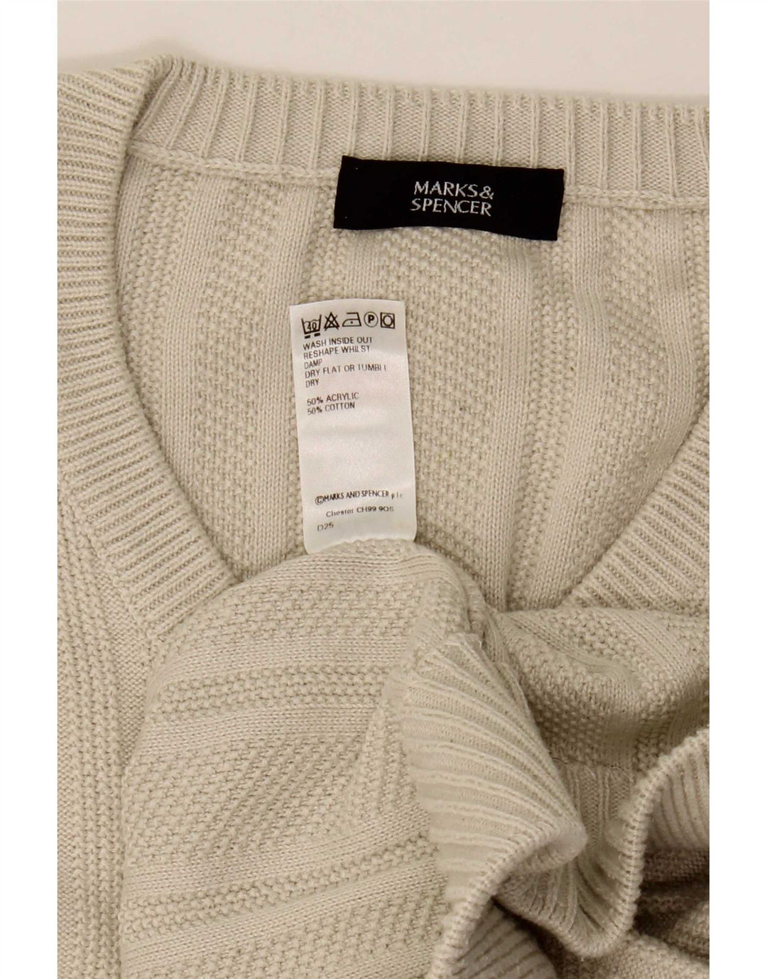 Marks & Spencer Męski sweter z dekoltem w kształcie litery V, duży, beżowy, akrylowy