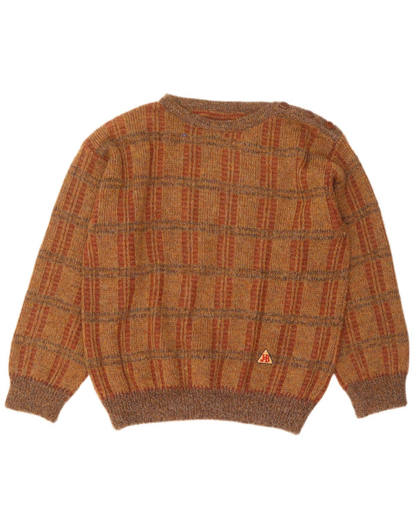 Vintage męski sweter z dekoltem w łódkę, duży, brązowy akryl w kratkę