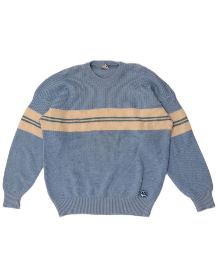 Vintage męski sweter z okrągłym dekoltem IT 50, wełniany w średnie niebieskie paski