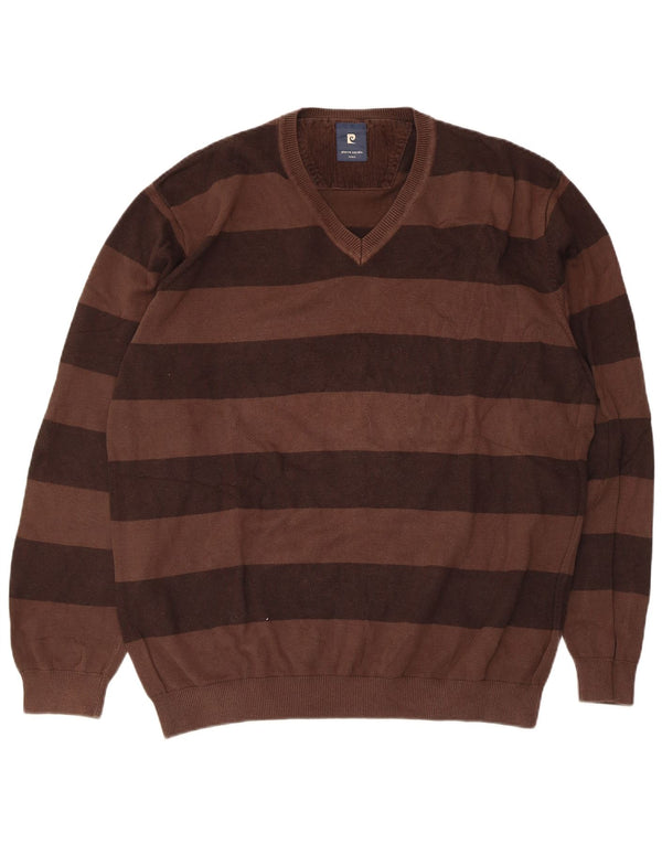 Męski sweter Pierre Cardin z dekoltem w kształcie litery V, 2XL, bawełniany w brązowe paski