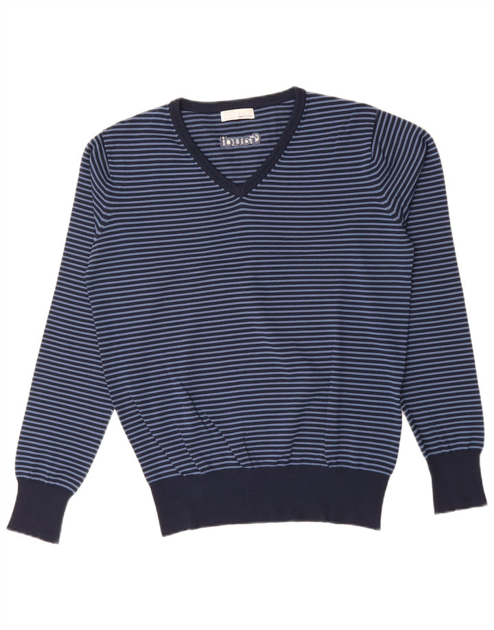 GAUDI Mens V-Neck Jumper Sweater Large Navy Blue Striped Viscose