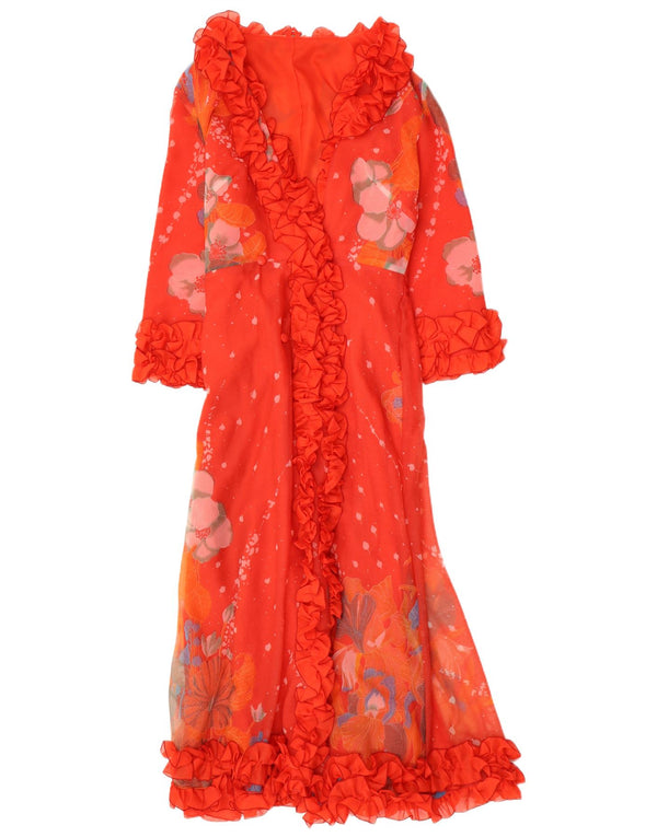 Damska sukienka maxi z falbaną w stylu VINTAGE UK 12 Średni czerwony w kwiaty