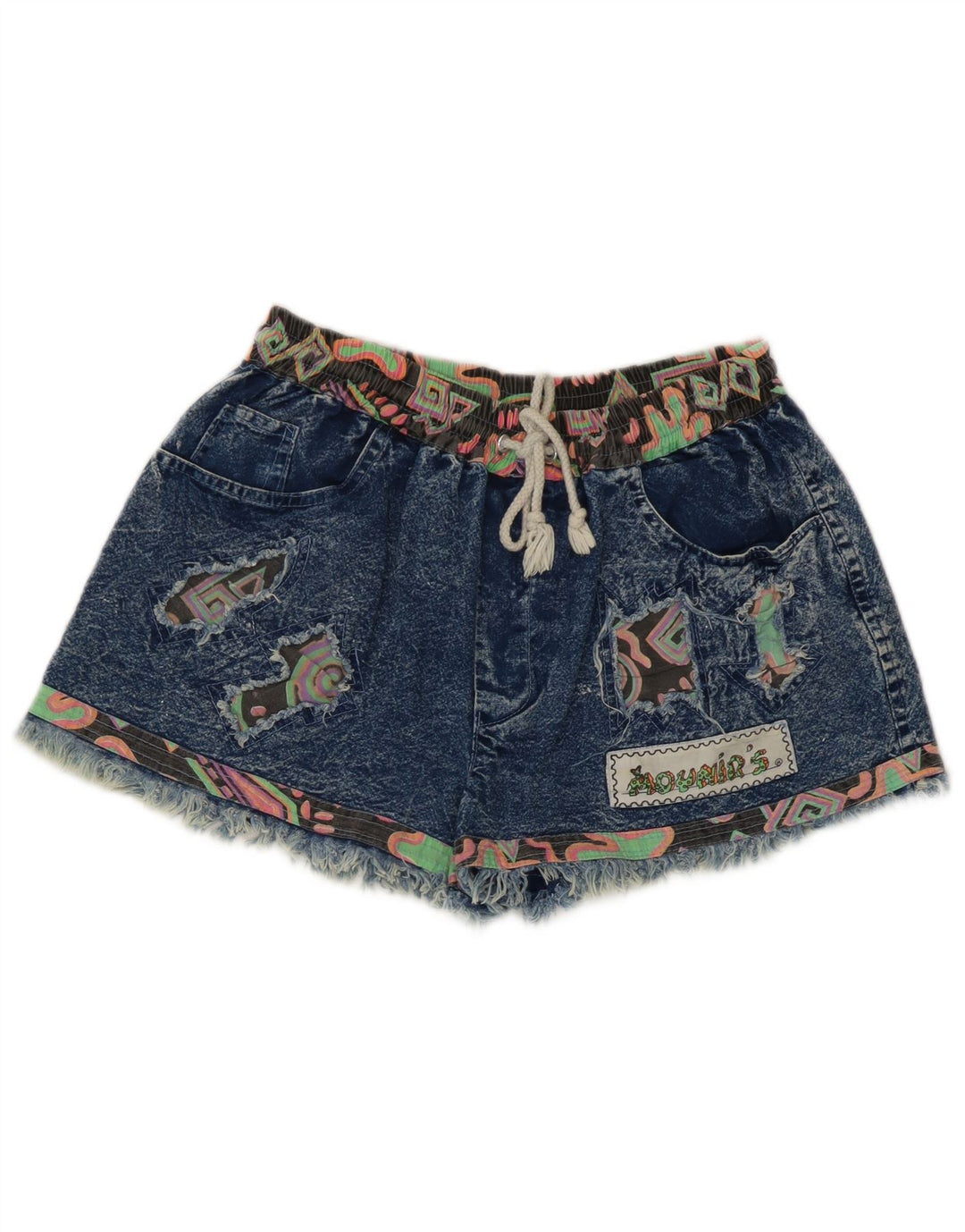 Damskie spodenki jeansowe w stylu vintage, średnie W28, niebieskie patchworki