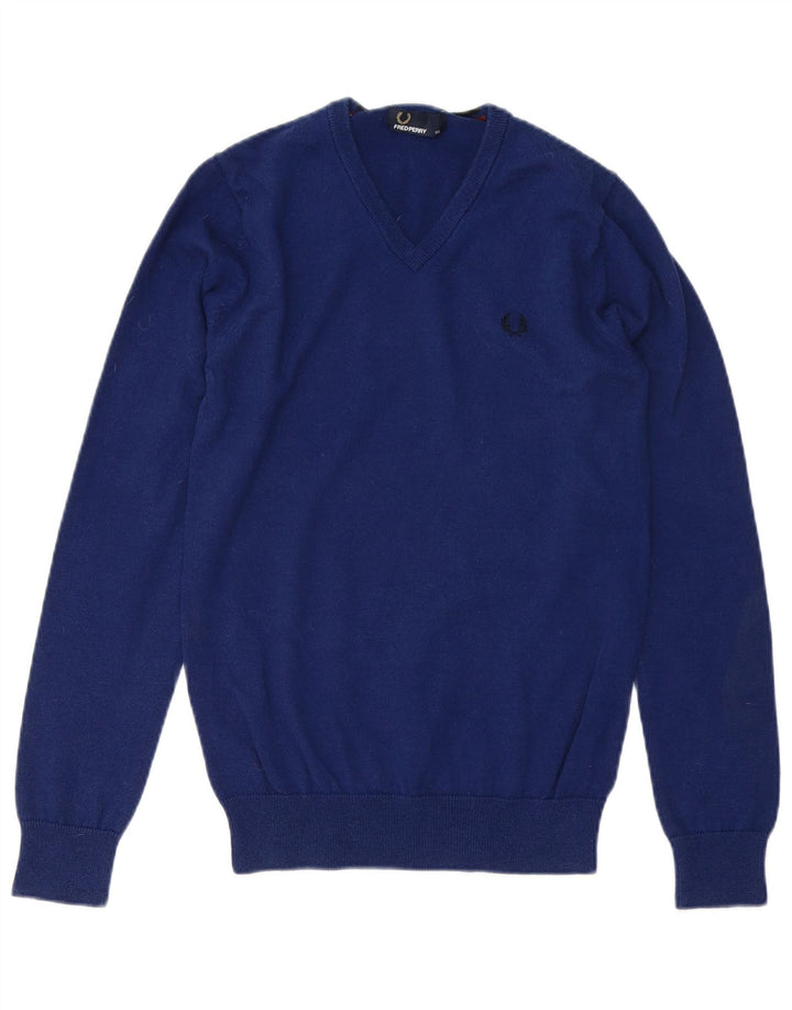 FRED PERRY Męski sweter z dekoltem w kształcie litery V, XS, niebieska wełniana