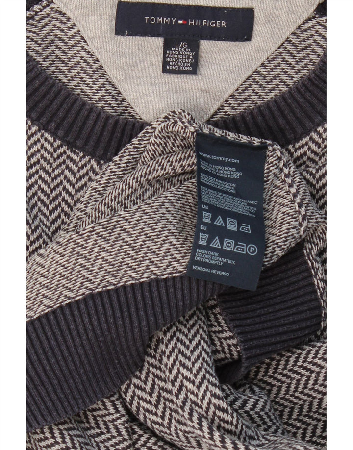 TOMMY HILFIGER Mens Crew Neck Jumper Sweater Large Navy Blue Herringbone Vintage Tommy Hilfiger and Second-Hand Tommy Hilfiger from Messina Hembry 