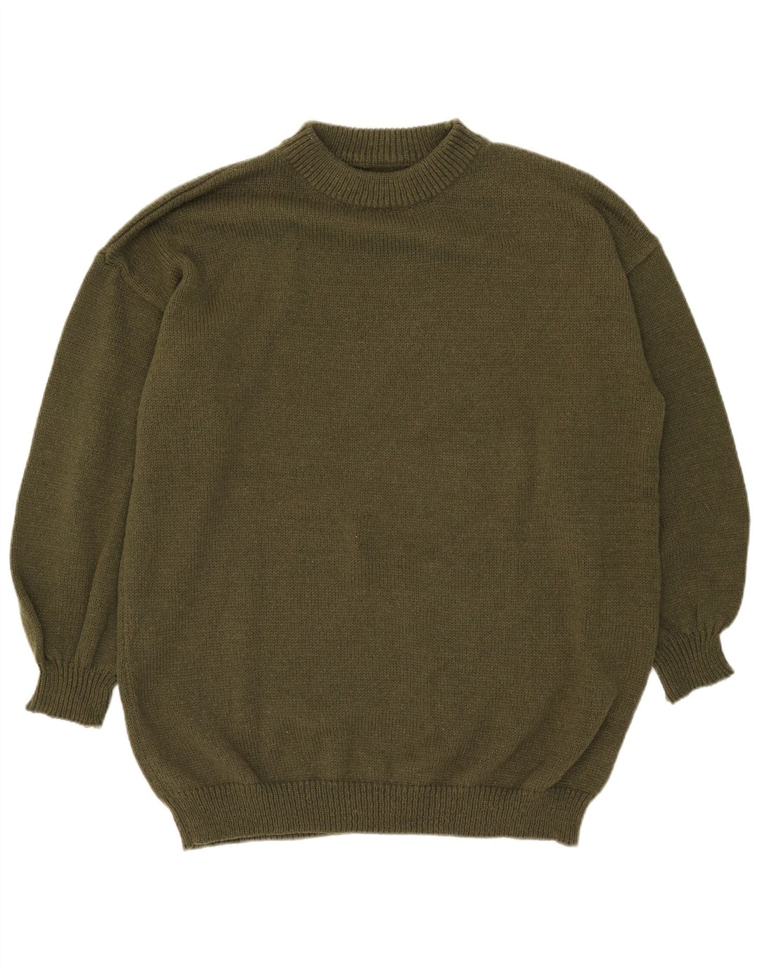 Vintage męski sweter z okrągłym dekoltem, duży poliester w kolorze khaki
