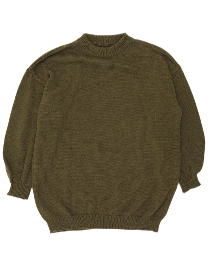Vintage męski sweter z okrągłym dekoltem, duży poliester w kolorze khaki
