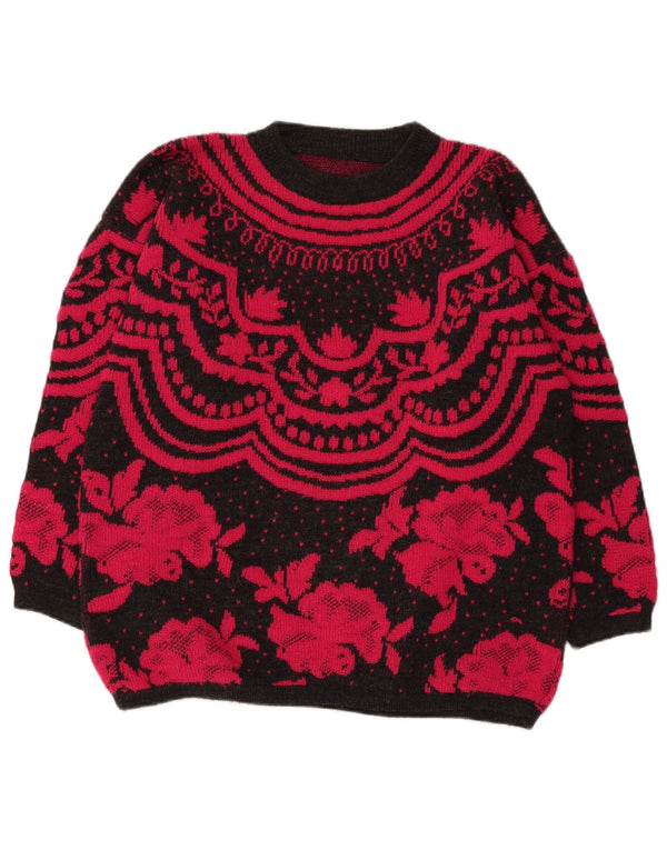 Sweter damski w stylu vintage z dekoltem w łódkę UK 14, duży, czarny, z wełny w kwiaty